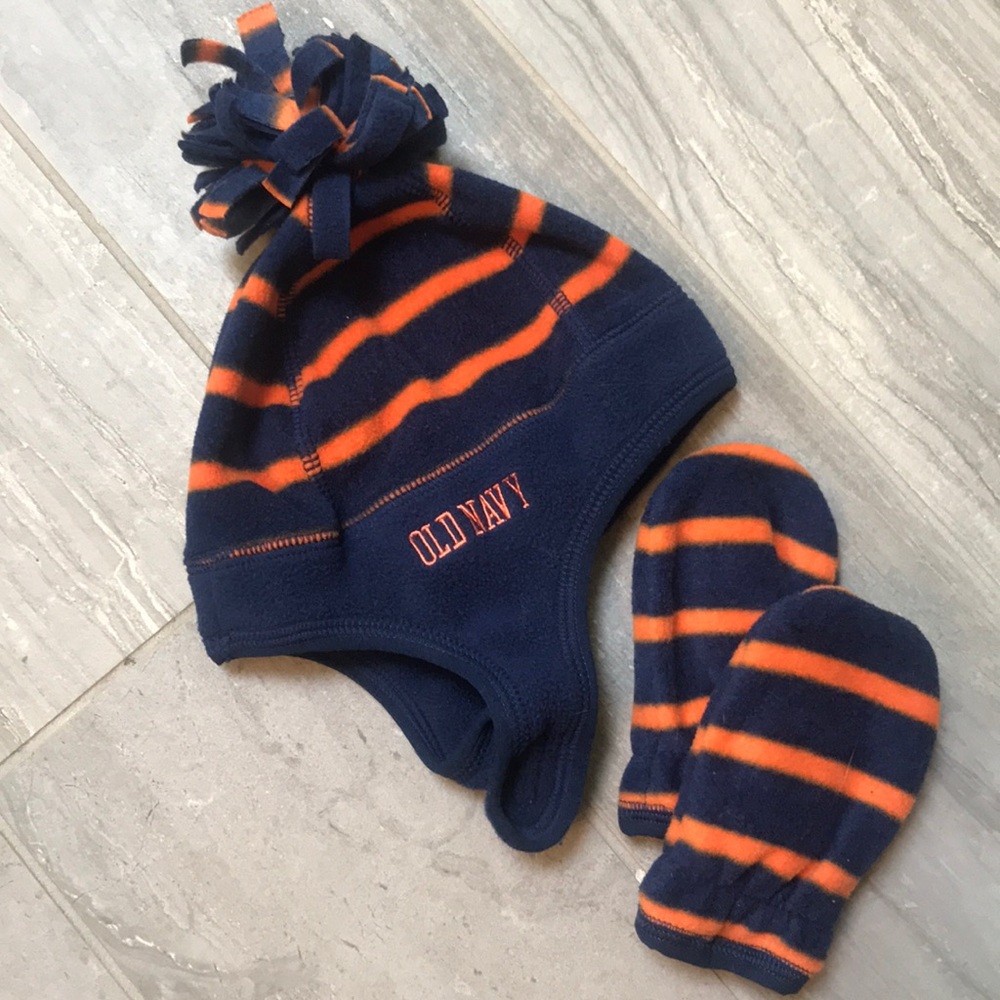 Adorable blue and orange fleece hat/mittens